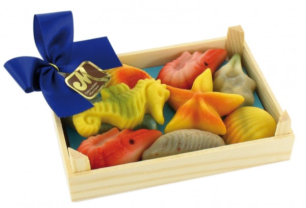 Seafood in a wooden box